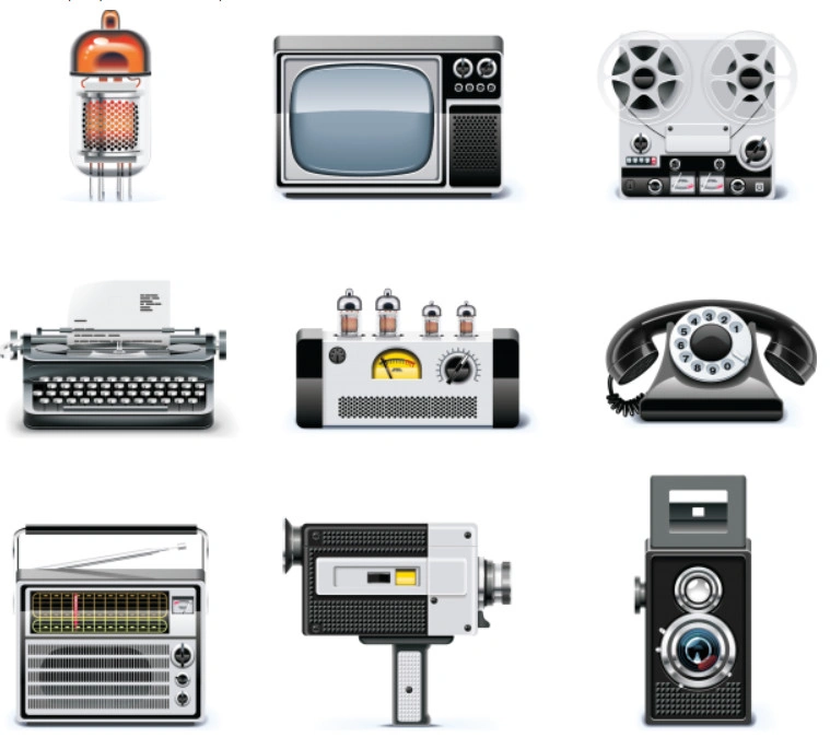 Vector Icons with Retro Items: Movie Camera, Photo Camera, Sewing Machine